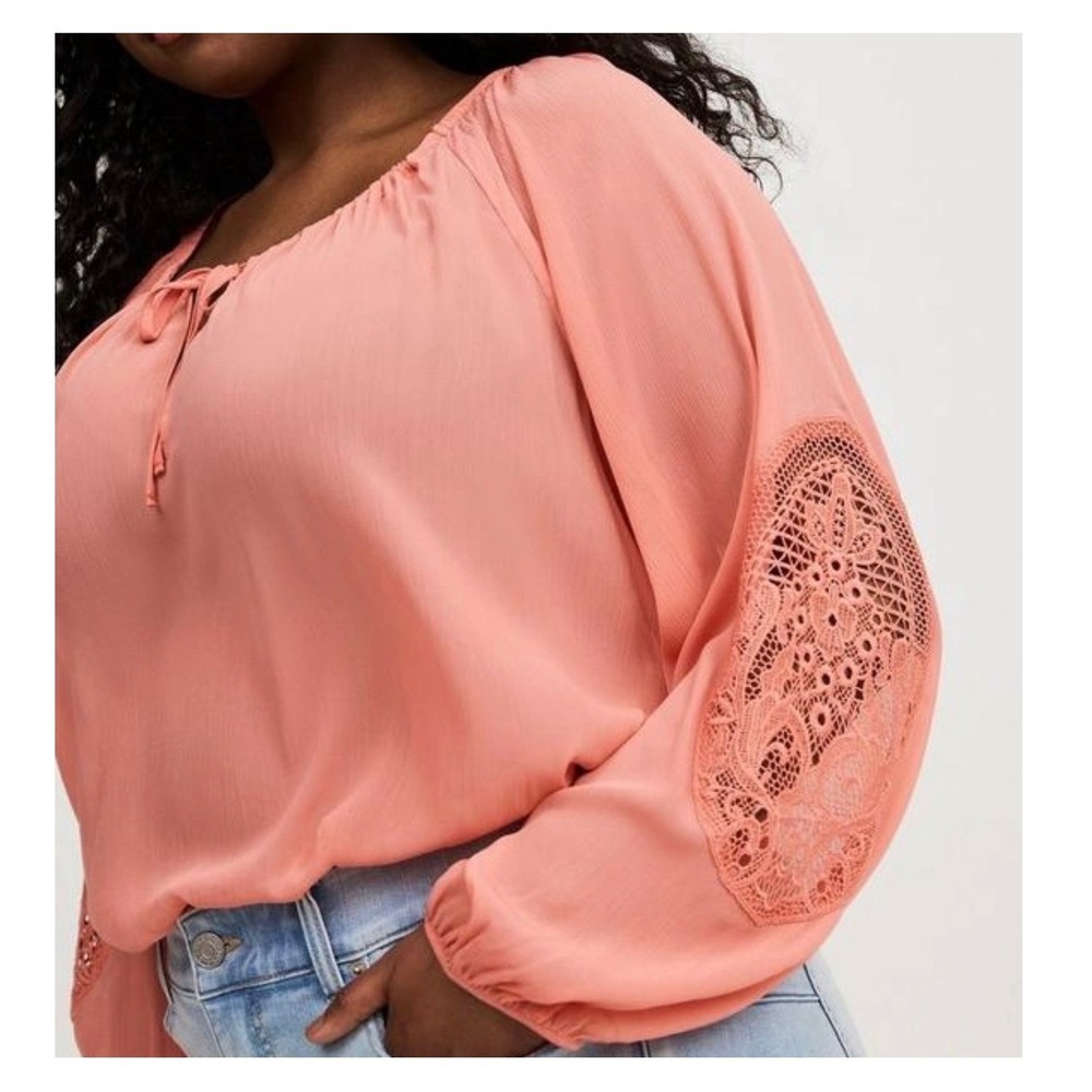 Torrid Peasant Blouse Womens 0 Coral Crochet Lace Chiffon Boho Tie Neck Top